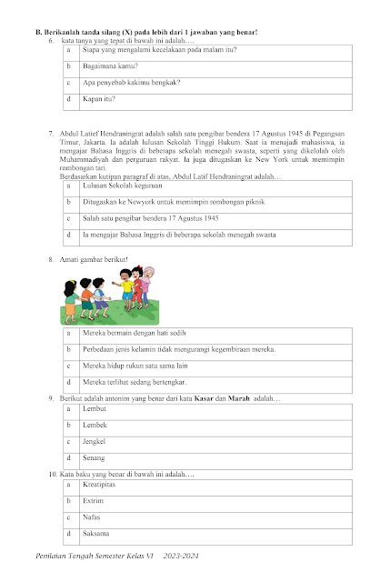 Soal PTS Bahasa Indonesia Kelas 6 Semester 1