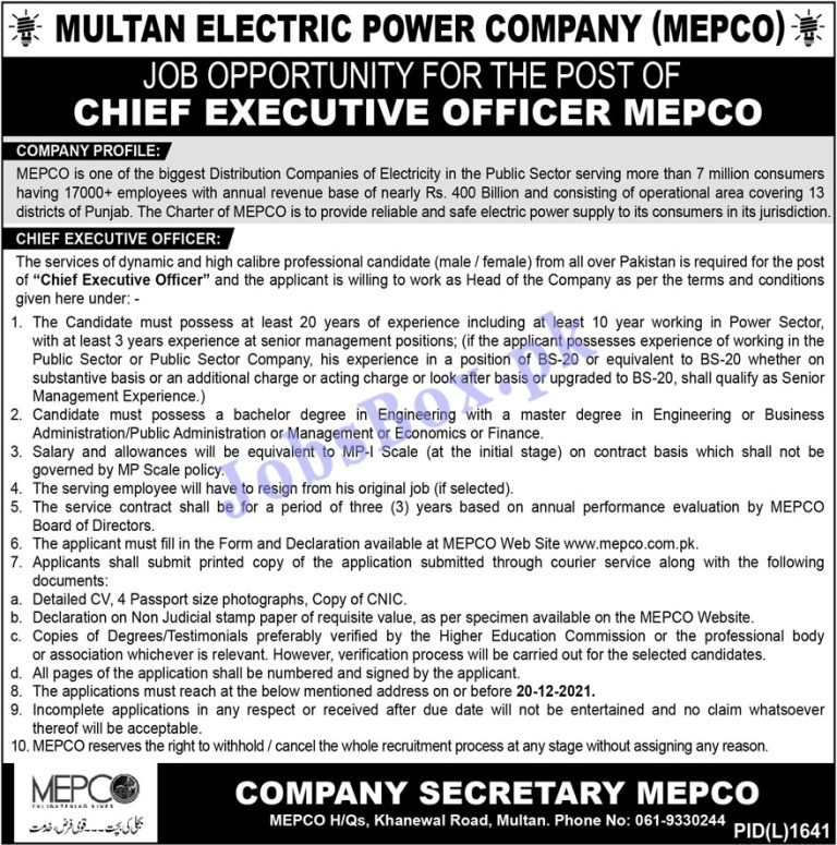 Multan Electric Power Company MEPCO Jobs 2021 for CEO