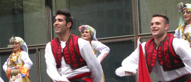 Dokuz Eylul University Anadoludan Esintiler Folk Dance Group performing at the Chicago Turkish Festival at Daley Plaza in Chicago, Illinois