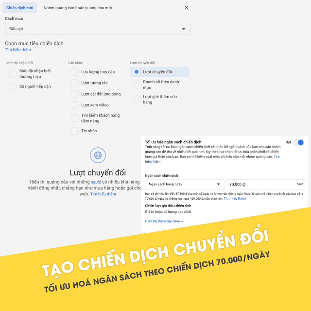 Tạo chiến dịch: Mục tiêu chuyển đổi, ngân sách theo chiến dịch 70.000/ngày