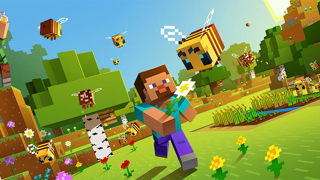 A wallpaper showing the character Steve chasing a bee in the plains biome of Minecraft