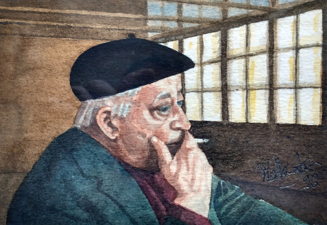 Watercolour of an elderly man with a beret, smoking a cigarette near a window, "Pierre," by William Walkington in 1996