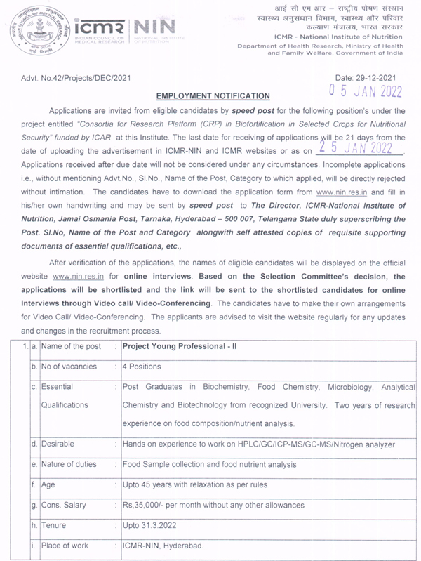 NIN Hyderabad Biochemistry/Microbiology Project Openihgs [4 Posts] | 35k per Month