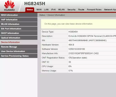 Dashboard admin Router Huawei Indihome Modem HG8245H / HG8245A