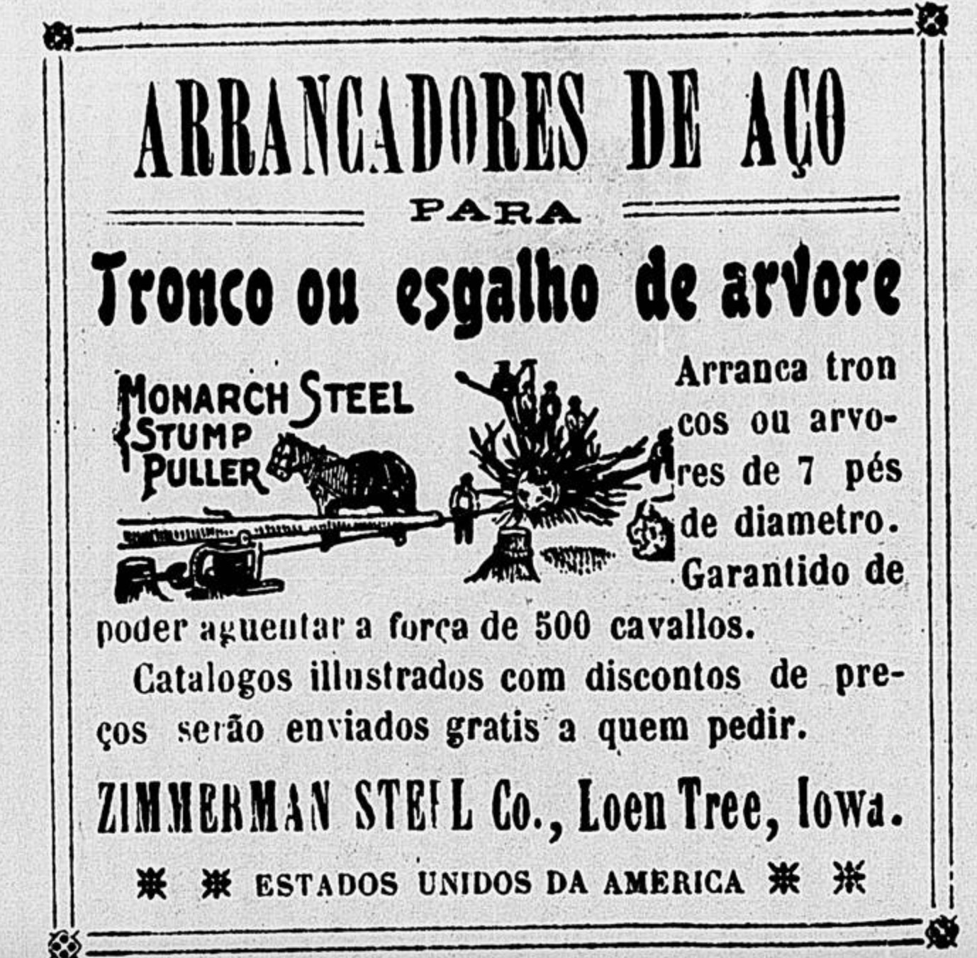 Propaganda antiga promovendo maquinário para arrancar árvores por meio de tração de cavalos, em 1908