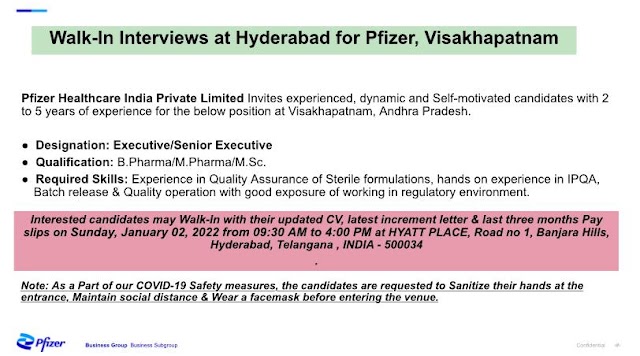 Pfizer Healthcare | Walk-in interview at Hyderabad for Visakhapatnam location On 2nd Jan 2022