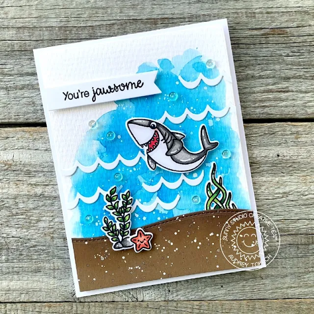 Sunny Studio Stamps: Icing Border Die Focused Card by Audrey Tokach (featuring Sea You Soon, Best Fishes, Slimline Dies)