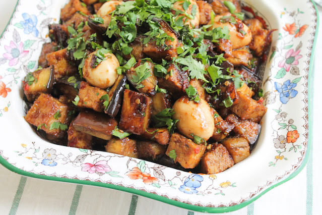 Food Lust People Love: This recipe is a mouthful in more ways than one! Spicy Sweet Soy Eggplant Tofu Quail Egg Stir-fry will fill your belly and please all your taste buds.