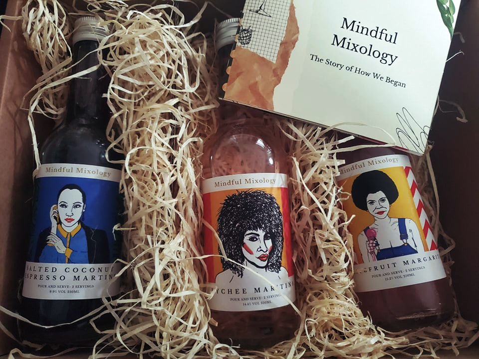 art pop style labels showing off music icons with Mindful Mixology cocktails