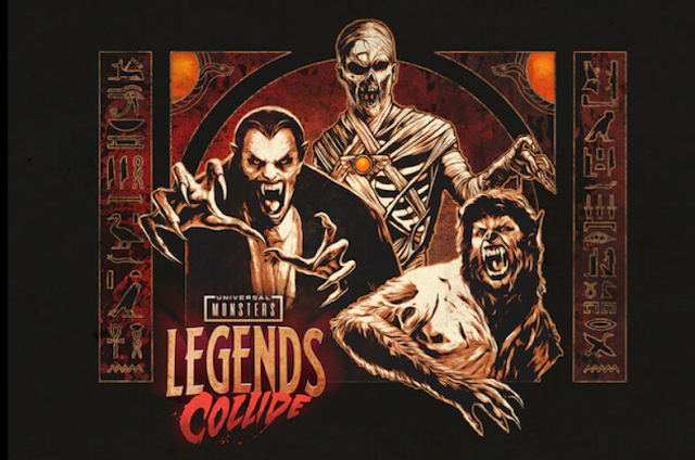 Banner for Universal Monsters: Legends Collide (Hollywood) depicting The Mummy, Dracula, and The Wolfman