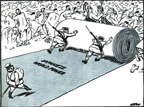 David Low, a political cartoonist, depicts the Japanese occupation of China in the cartoon “The Red Carpet” for the British newspaper the Evening Standard