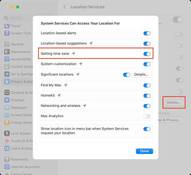 السماح بالوصول إلى الموقع لإعداد المنطقة الزمنية على Mac