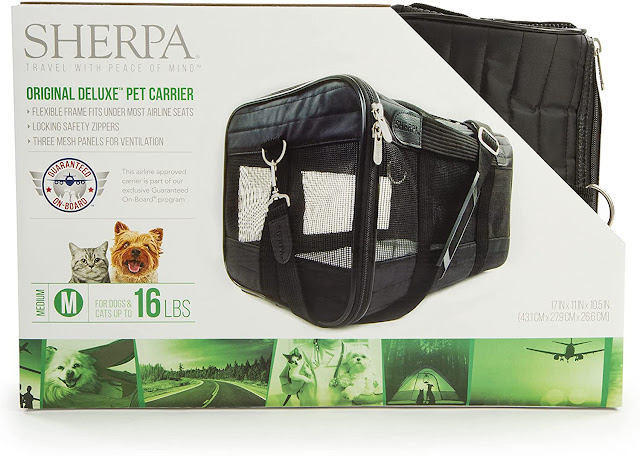 Travel in comfort and style with Sherpa Original Deluxe Carrier. Perfect for traveling by plane or car, for a trip or just to the vet. Patented spring wire frame allows the rear end of the carrier to be pushed down several inches to conform to under-seat requirements. The carrier has mesh panels for ventilation, locking zippers to prevent accidental escapes, and includes a seat belt security strap which doubles as a luggage strap. Top and side entry options make it much easier to comfortably load pets in the carrier. A large side zippered pocket can hold your important pet travel documents and anything else your pet may need. The no-slip shoulder strap is adjustable and features a padded support for comfort. A soft, cozy, removable, and machine-washable faux lambskin liner is included. Sherpa replacement liners are also available and sold separately. Approved for use on most major airlines. Small and medium sizes are included in Sherpa. Available colors include Black, Brown, Plum and Gray. Available in size small, medium and large.  How to Find the Best Fit: Select the carrier size based on your pet's measurements below and then by your pet’s weight, making sure not to exceed the maximum weight limits. Note: the carrier is designed for pets lying down, so your pet may not be able to stand.  Small Carrier: Fits pets up to 13" in length x 7.5" in height and up to 8 pounds Medium Carrier: Fits pets up to 16" in length x 10" in height and up to 16 pounds Large Carrier: Fits pets up to 18" in length x 11" in height and up to 22 pounds  How to Measure Your Pet: For pet’s length, start at the front of the chest and measure to the end of the pet's rear. For height, measure from the floor to the top of the bac
