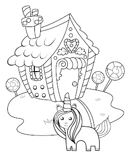 Candy house and unicorn coloring page