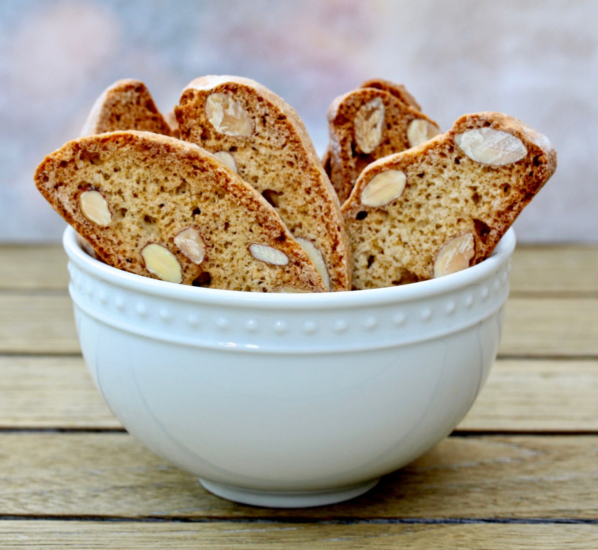 Almond biscotti in a bowl.