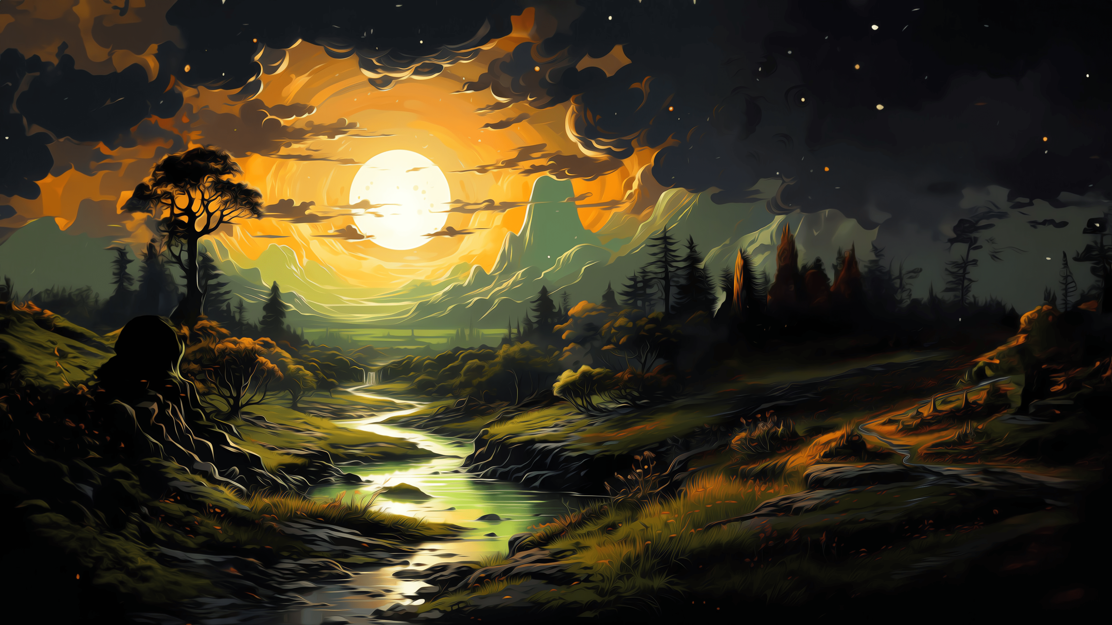 PC Wallpaper 4K - Moonlit Night Valley: Embrace the Mystical Beauty!
