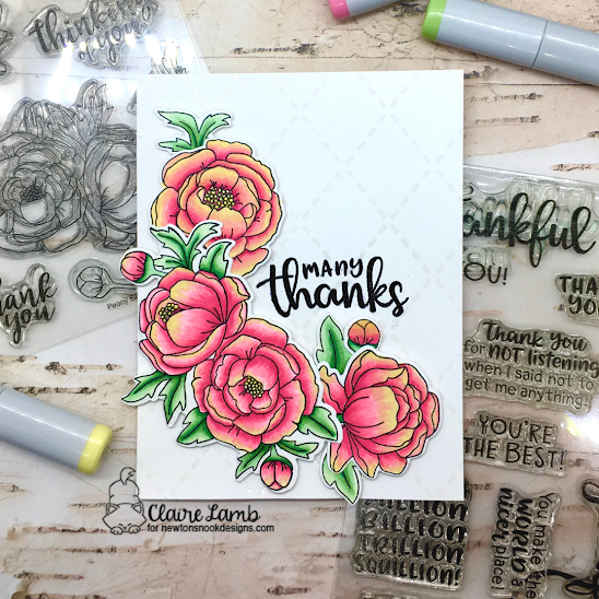 Many thanks by Claire by Peony Blooms, Thankful Thoughts, and Argyle by Newton's Nook Designs; #inkypaws, #newtonsnook, #flowercards, #cardmaking