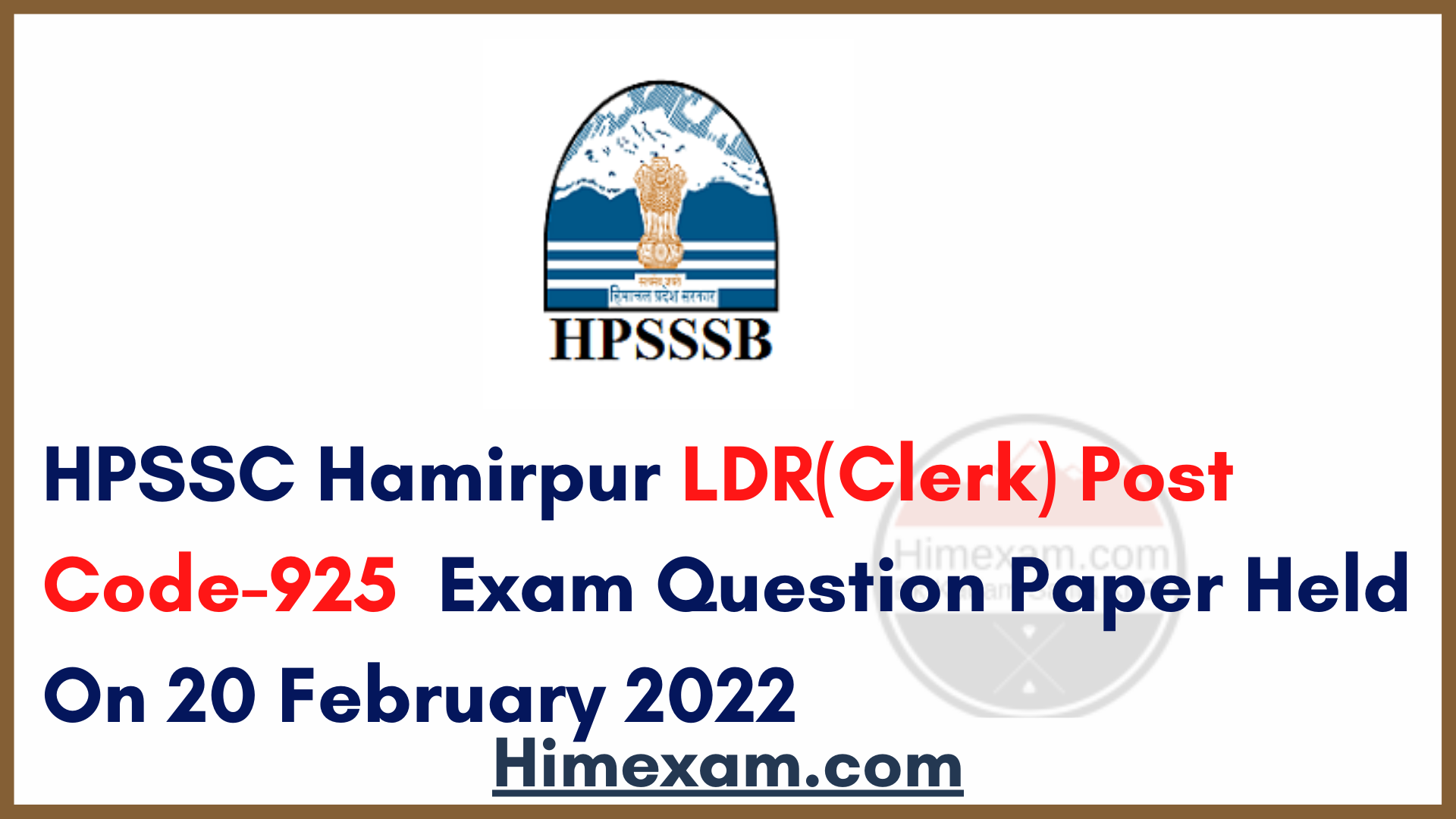 HPSSC Hamirpur LDR(Clerk) Post Code-925  Exam Question Paper 2022