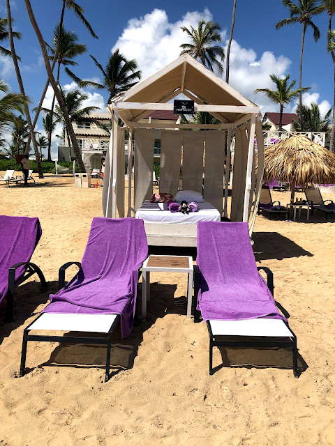 A covered and surrounded "bed" on the beach. Gravedigger Mickey perches between 2 purple towel rolls.