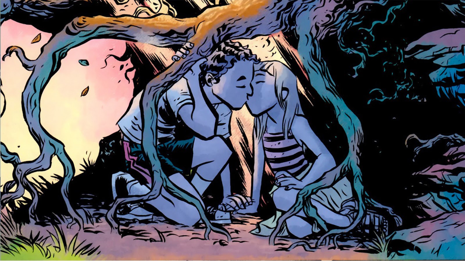 Cena da graphic novel Daytripper, com o primeiro amor e beijo de Brás.