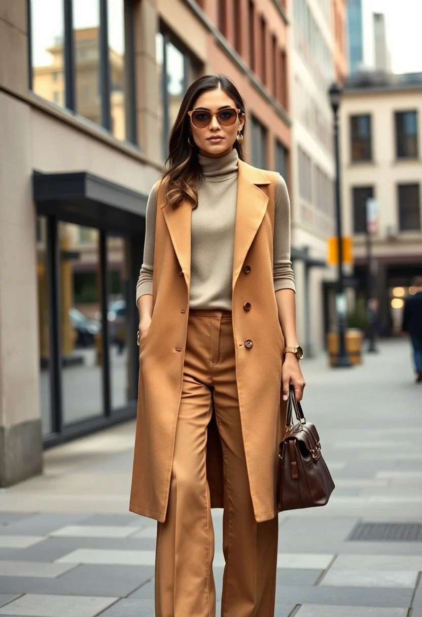 Description: Camel-colored longline vest featuring clean lines, oatmeal mock neck top, and coordinating wide-leg trousers in camel. This monochromatic look creates a lengthening effect while maintaining professional elegance. Complete with tortoiseshell accessories.
