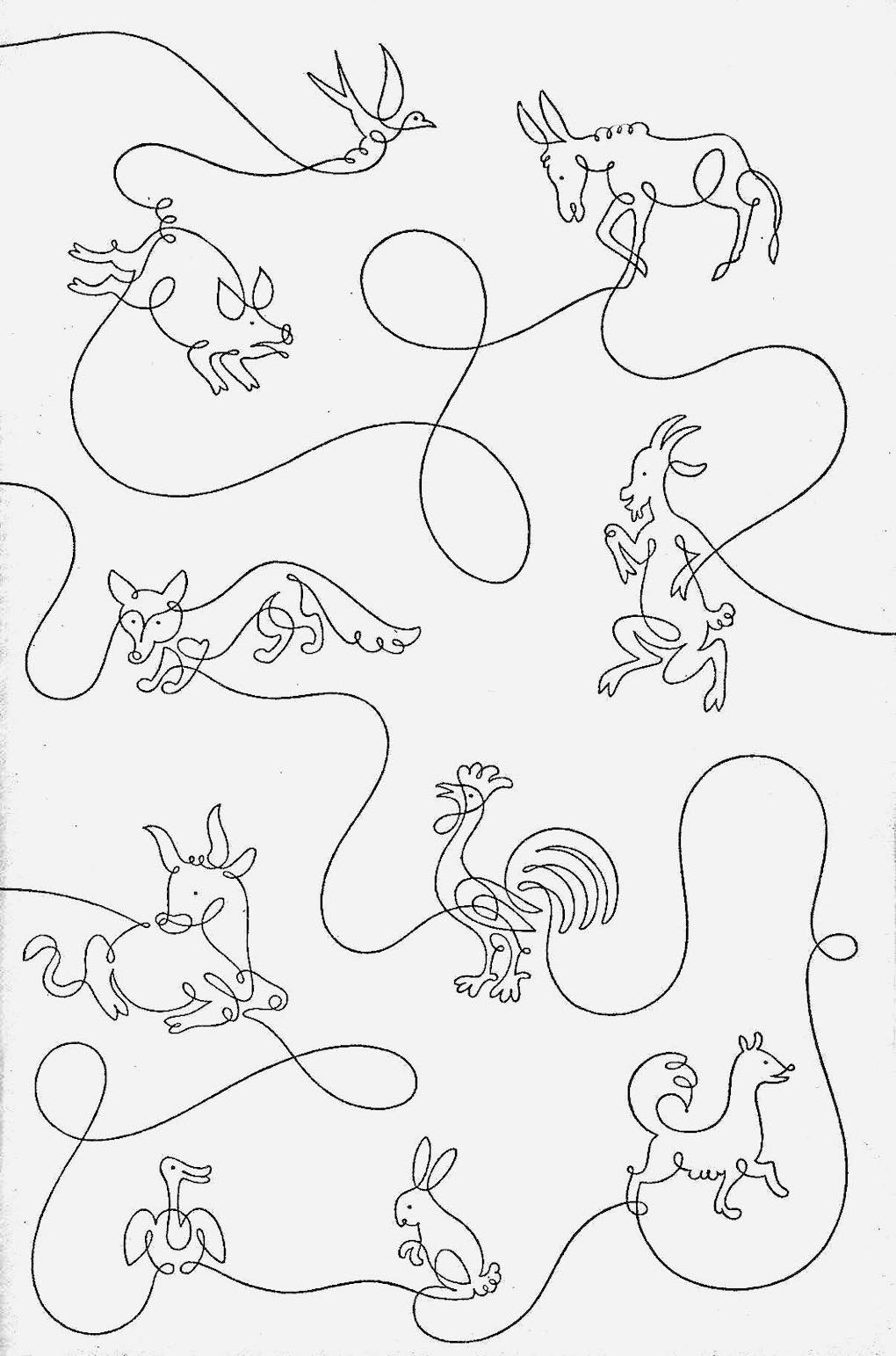 the endpapers of a book by Boris Artzybasheff, a single line drawing different animals