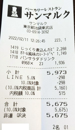 ベーカリーレストランサンマルク 池袋東武店 2022/2/11 飲食のレシート
