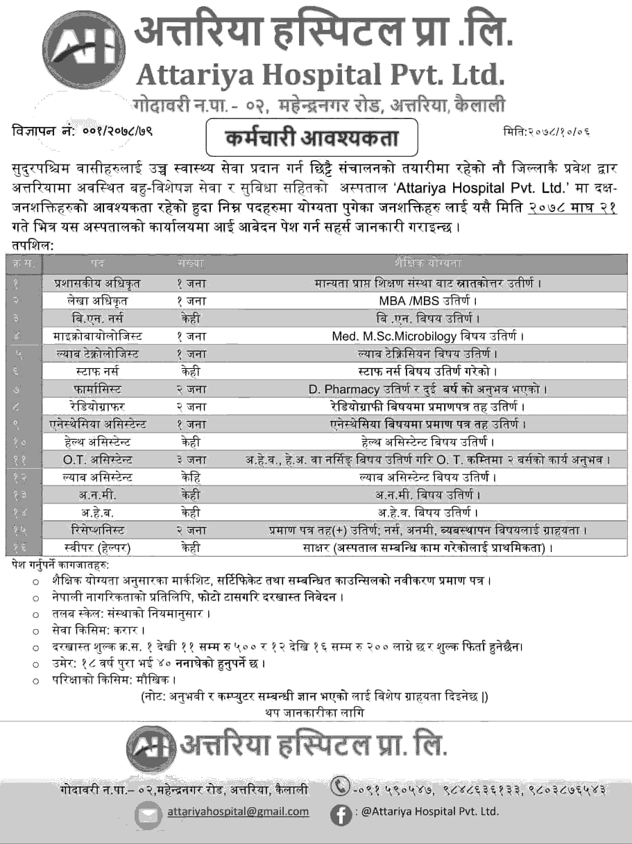 Attaria Hospital Vacancy for Various Health Services