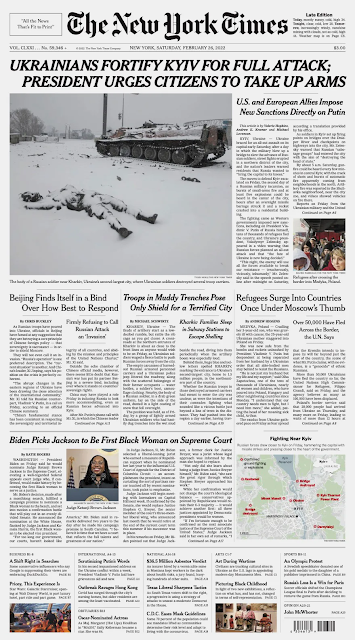 screen shot of the NY Times front page of February 26, 2022 with Tyler Hicks photograph of dead soldier in snow by a tank in Ukraine