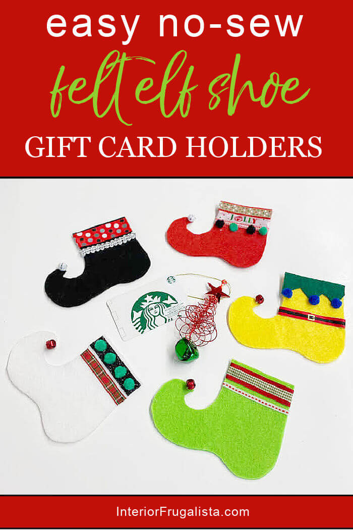 How to add a personal touch to your holiday gift giving with these easy peasy no-sew felt elf shoe gift card holders made with dollar store supplies. #giftcardholdersdiy #giftcardholderschristmas #giftcardholdersfeltcrafts