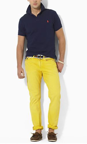 Mustard pants with dark blue shirt