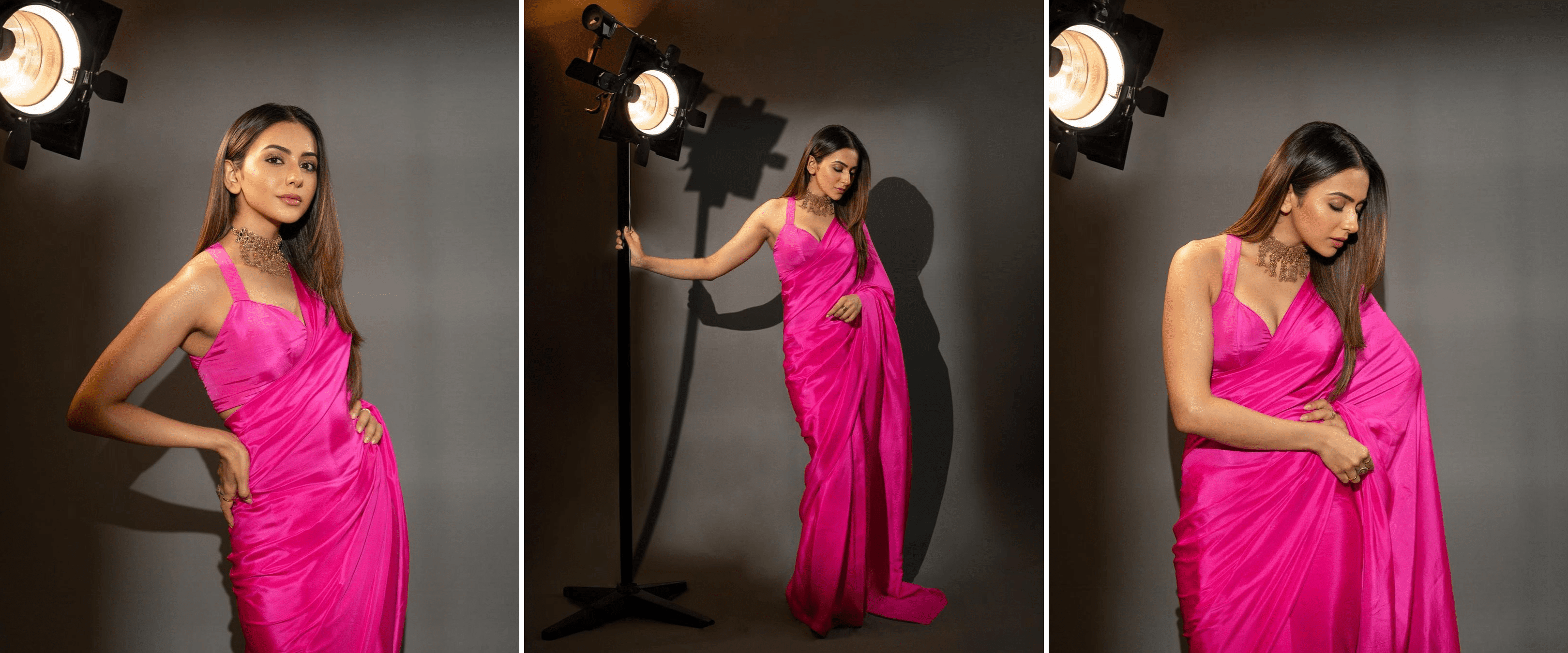 Rakul Preet Singh's Stylish Pink Satin Saree Look