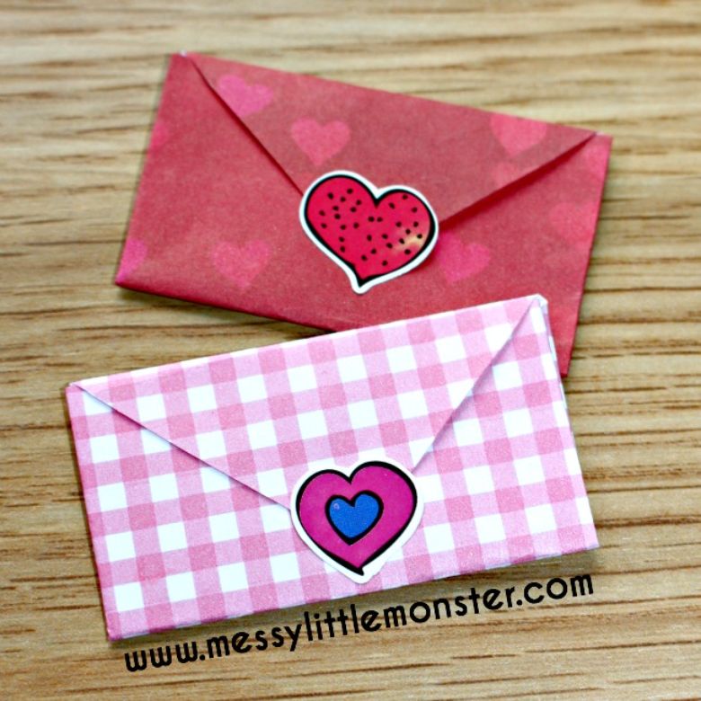 Folded heart envelope printable valentines for kids.