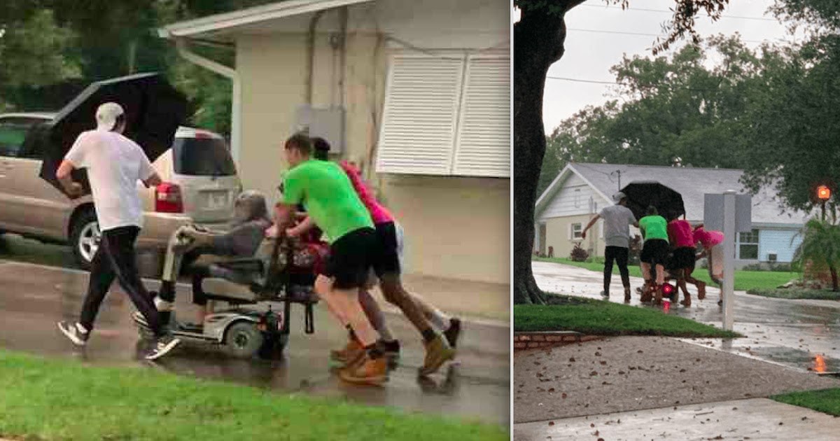 Four Men Push Elderly Woman All The Way Home In The Pouring Rain After Her Mobility Scooter Fails