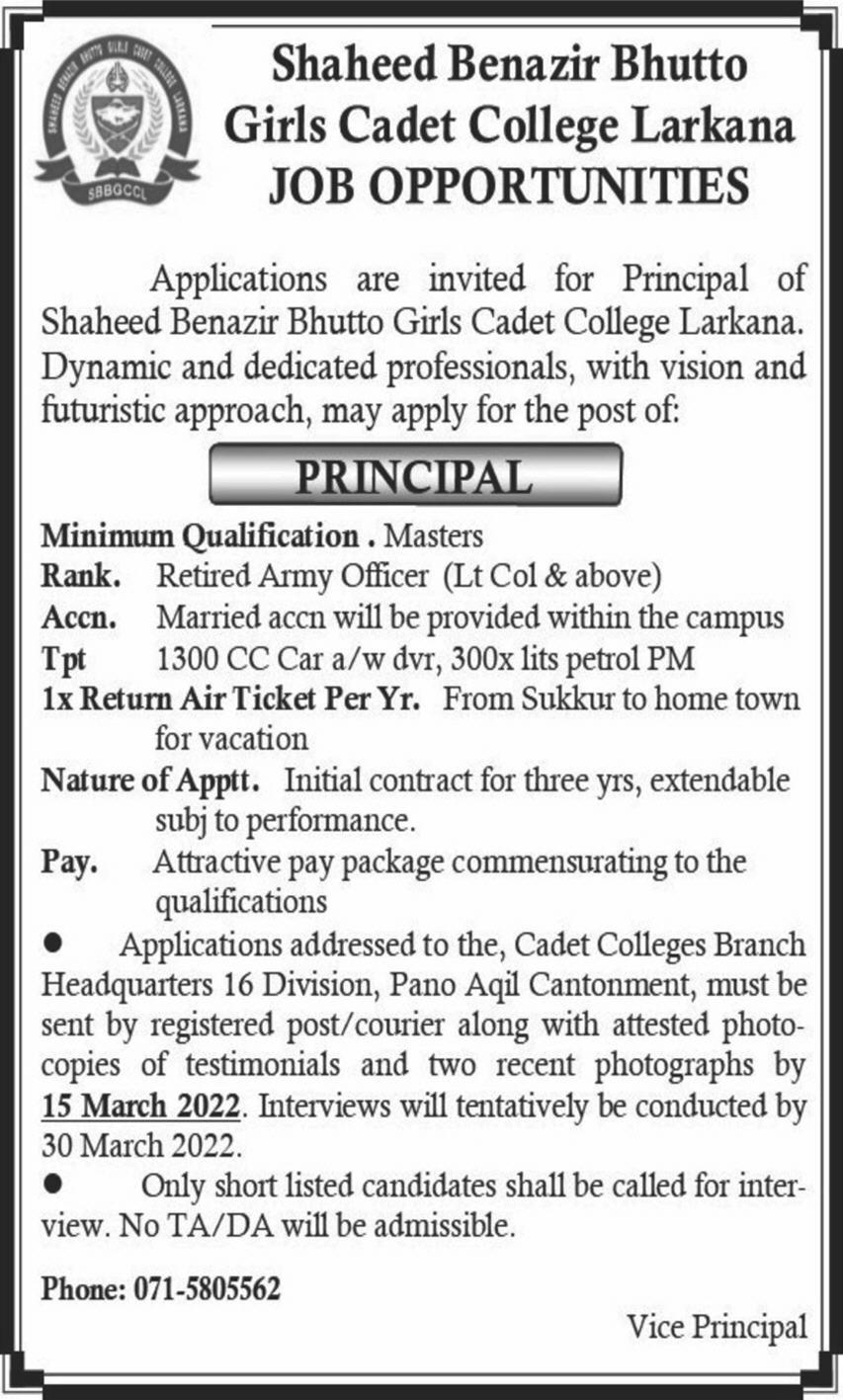 Principal job at Shaheed Benazir Bhutto Girls Cadet College