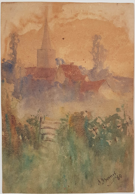 Untitled watercolour of a stile with a small town in mist behind, (Landscape with stile) by James Thwaite Irving, in 1880.