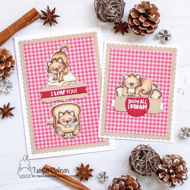 Bread Loaf Cat Cards by Zsofia Molnar | Knead Kittens Stamp Set, Love & Meows Paper Pad, A7 Frames & Banners Die Set and Frames & Flags Die Set by Newton's Nook Designs. #newtonsnook