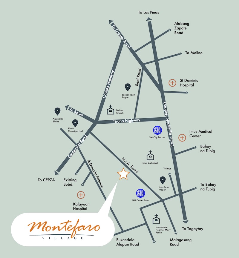 Vicinity Map & Location - Montefaro Village - Ariana Model | Complete House for Sale with Fence and Gate Imus Cavite | Breighton Land Inc. (subsidiary of Profriends Inc.)