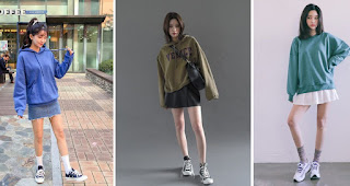 Chân váy ngắn kết hợp áo hoodie nỉ