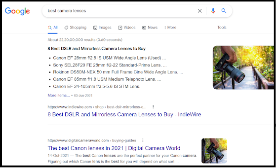 Search results when I search 'Best camera lenses'
