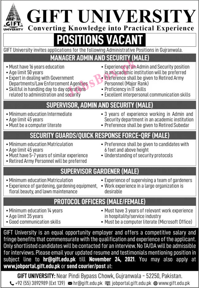 http://jobportal.gift.edu.pk - Gift University Jobs 2021 in Pakistan