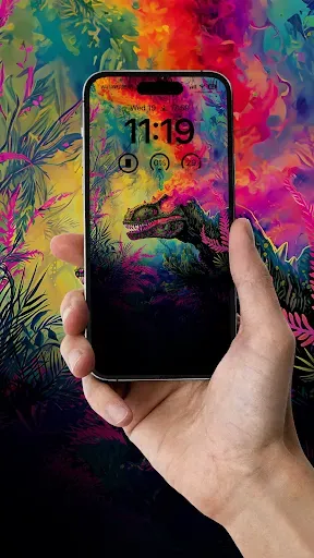 A dynamic and colorful wallpaper featuring a neon-lit dinosaur among lush jungle foliage, ideal for both iPhone and Android devices with 1179x2556 resolution.