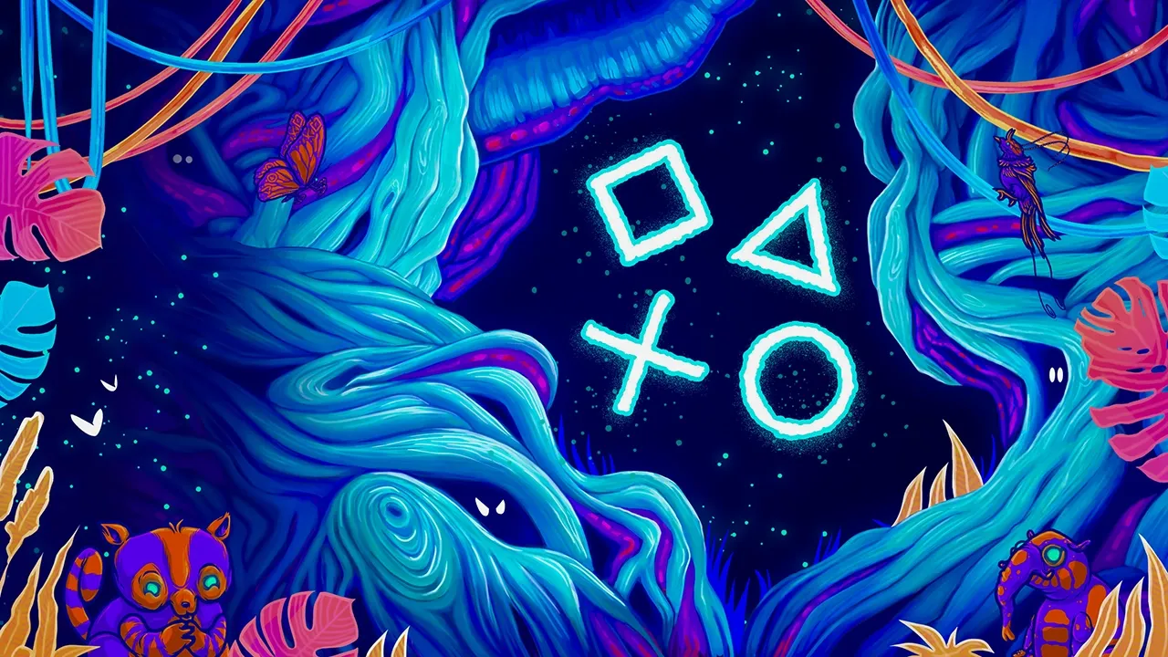 PC WALLPAPER 4K of Cosmic ocean with Playstation gaming icons.