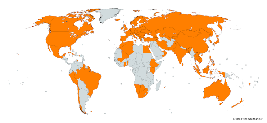 The map showing countries where I received the postcards from