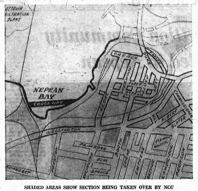 Hand-drawn map of LeBreton Flats area with caption 'Shaded areas show section being taken over by NCC', however shading is not apparent in this newspaper scan. A causeway is drawn across Nepean Bay.