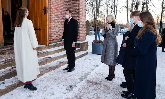 Crown Princess Mette-Marit wore a new double-breasted sequin-embellished woven coat and sequin sleeveless dress by Lela Rose