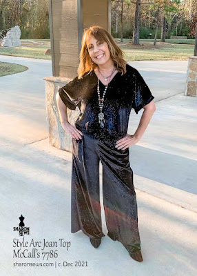 Stretch Black Velvet in a Style Arc Joan Woven Top and McCall's 7786 Pull on Pants worn by Sharon Sews