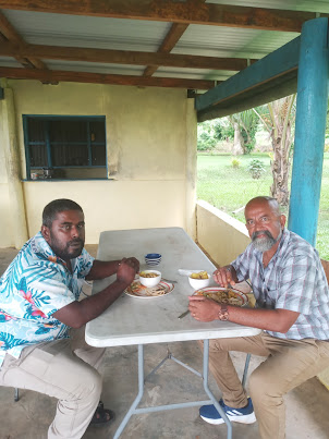 Driver/Guide Mr Sharon.Ali and self having lunch at " Sabeto Mud Pool and Hot Springs " in Nadi.