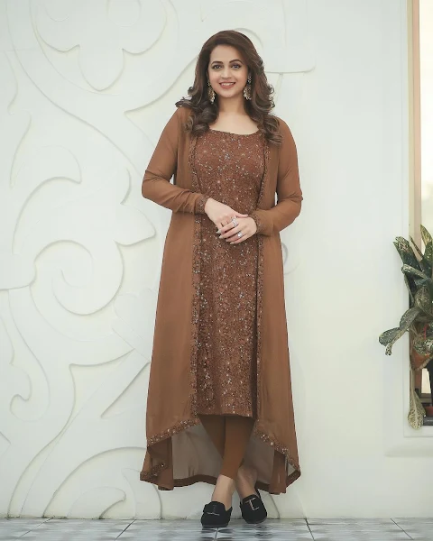 Bhavana Menon modeling brown sequin Anarkali dress