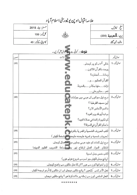 aiou-past-papers-matric-code-205